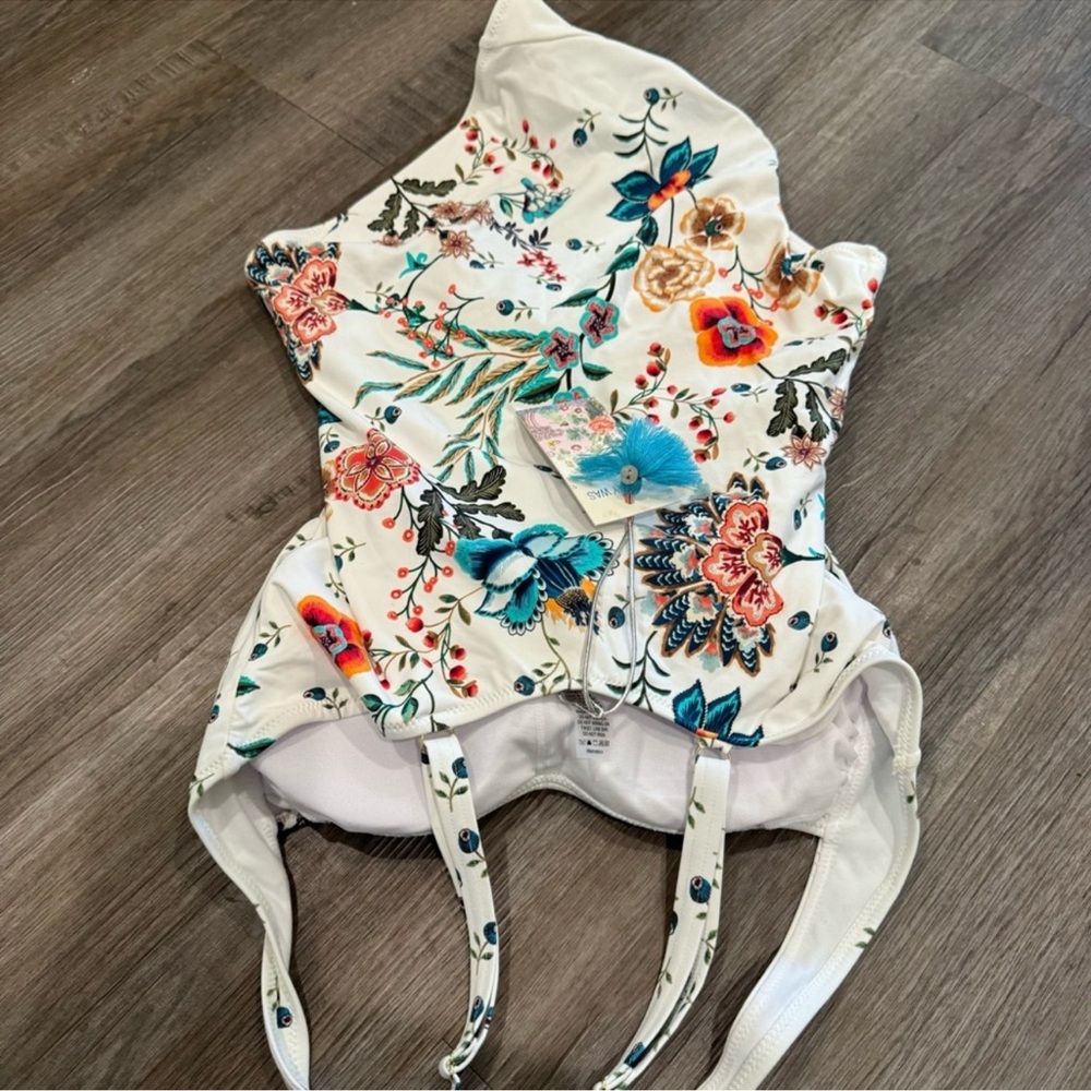 Johnny Was Ruched Multi White Floral One Piece Swimsuit - Picture 5 of 11